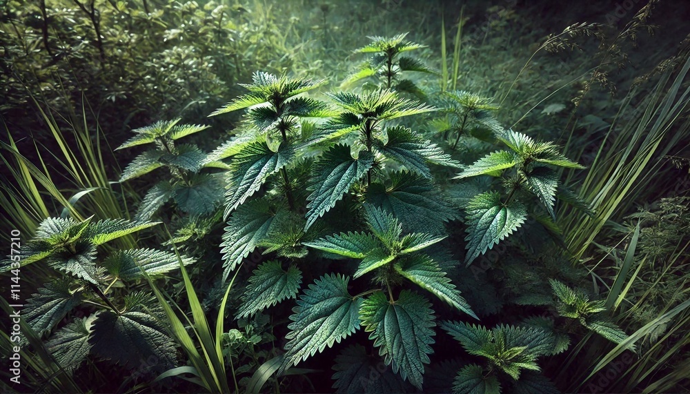 Obraz premium Wild Stinging Nettles Growing in a Sunlit Garden