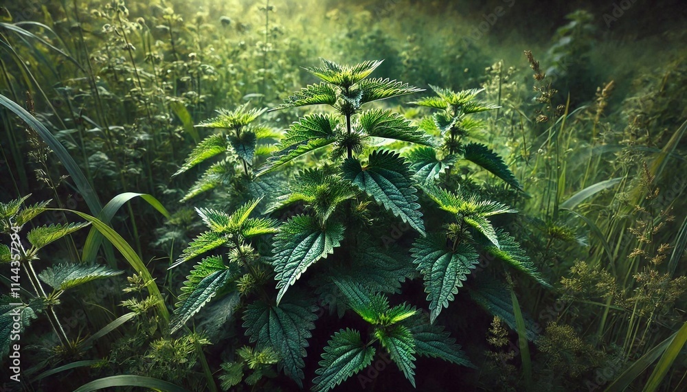 Obraz premium Wild Stinging Nettles Growing in a Sunlit Garden