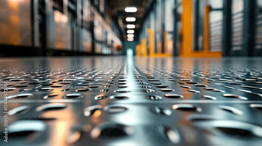 custom made wallpaper toronto digitalA detailed view of perforated metal flooring within a large industrial facility, exhibiting texture and patterns, under consistent bright industrial lighting.