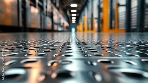 Wallpaper Mural A detailed view of perforated metal flooring within a large industrial facility, exhibiting texture and patterns, under consistent bright industrial lighting. Torontodigital.ca
