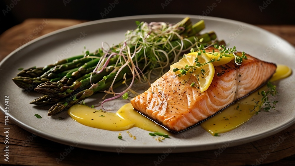 A beautifully arranged gourmet dish on a rustic wooden table, featuring grilled salmon with a golden crust, fresh asparagus, and a drizzle of lemon butter sauce,generative ai A beautifully arranged gourmet dish on a rustic wooden table, featuring grilled salmon with a golden crust, fresh asparagus, and a drizzle of lemon butter sauce,generative ai
