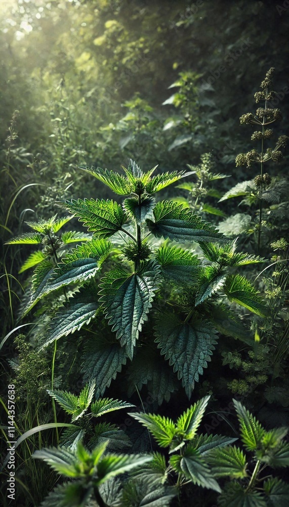 Obraz premium Wild Stinging Nettles Growing in a Sunlit Garden