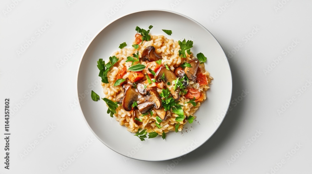 Creamy Mushroom Risotto with Fresh Herbs and Colorful Vegetables on White Plate Creamy Mushroom Risotto with Fresh Herbs and Colorful Vegetables on White Plate