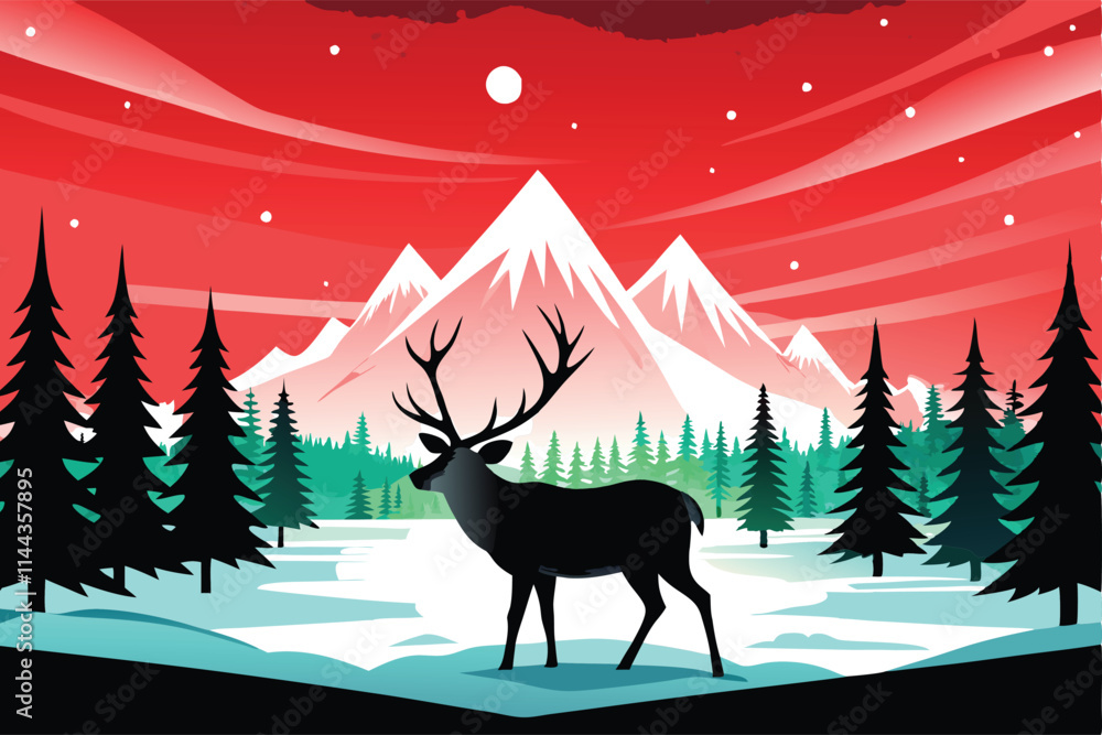 Reindeer gracefully graze in a snowy arctic meadow under the Northern Lights aurora borealis. Focus on serene winter landscape. Reindeer gracefully graze in a snowy arctic meadow under the Northern Lights aurora borealis. Focus on serene winter landscape.