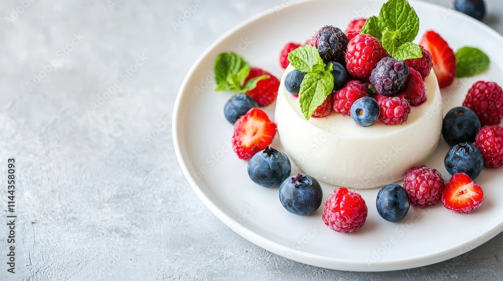 Delicious Panna Cotta Dessert Topped with Fresh Berries and Mint Leaves Delicious Panna Cotta Dessert Topped with Fresh Berries and Mint Leaves