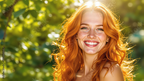 A bright smiling woman with red hair, surrounded by greenery illuminated by sunlight and warm natural light.