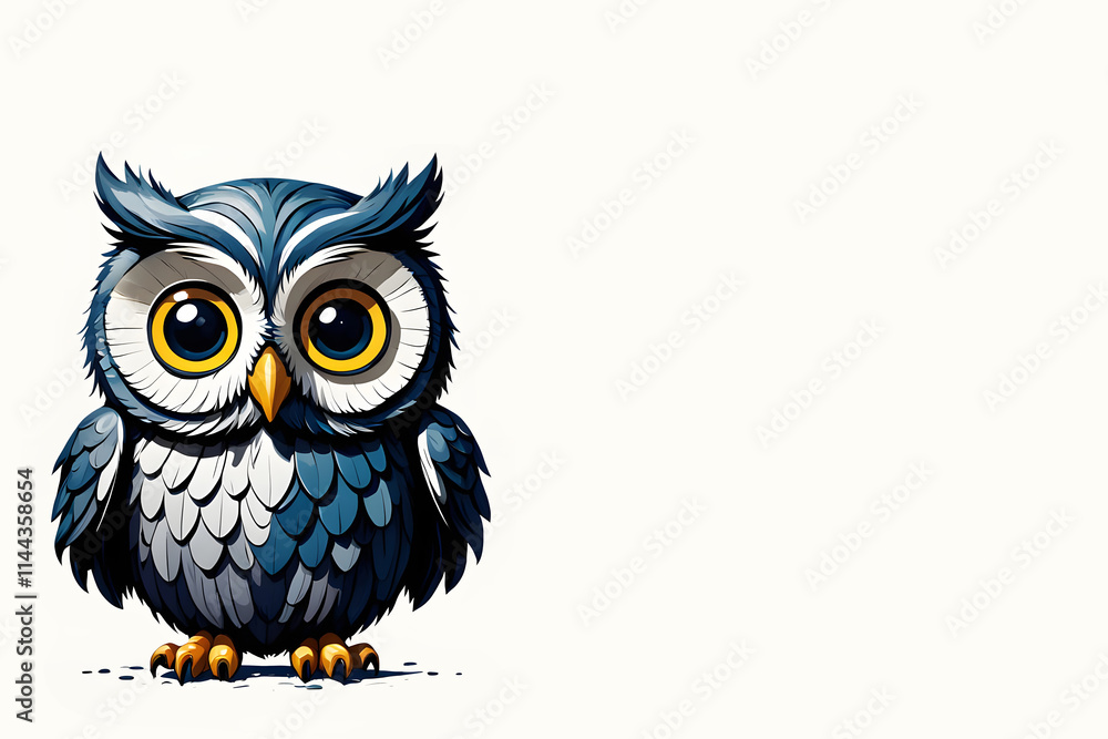 Fototapeta premium Cute owl with big eyes on white background with copy space
