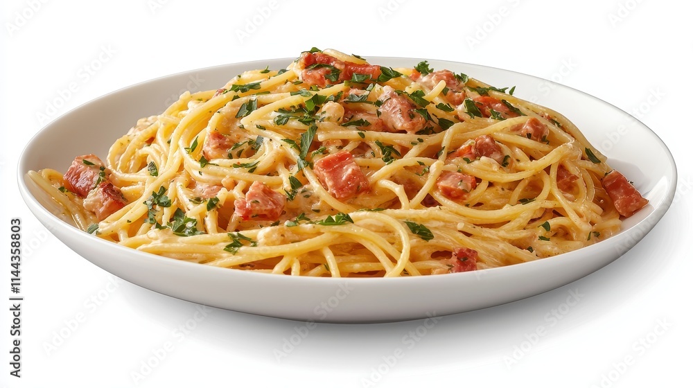 Creamy Spaghetti Dish with Bacon and Fresh Herbs on a White Plate Creamy Spaghetti Dish with Bacon and Fresh Herbs on a White Plate