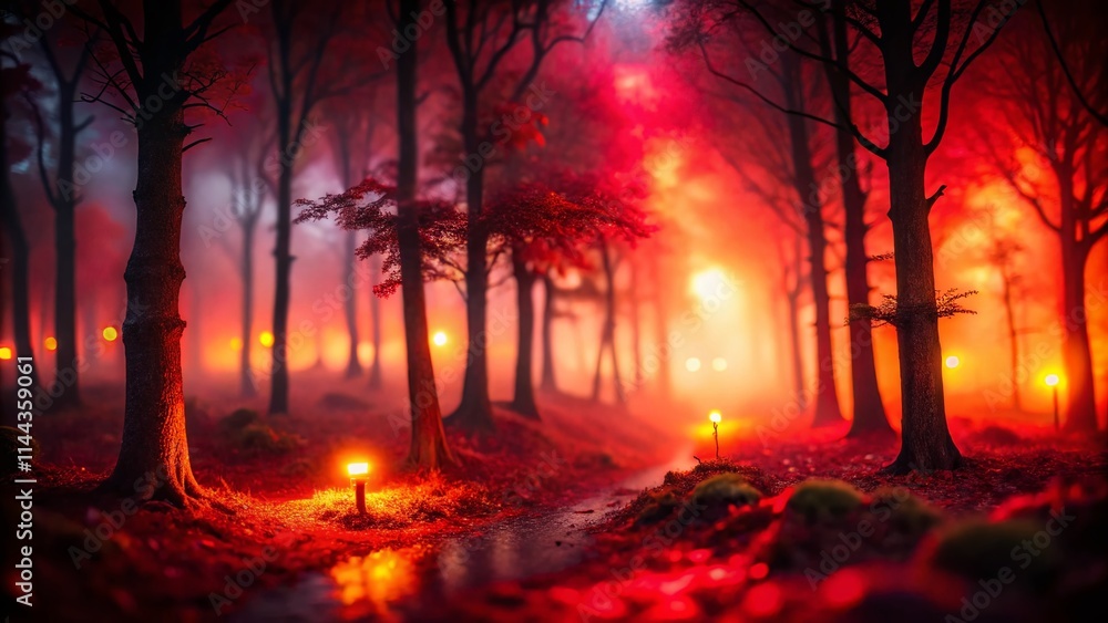 Horror Forest Tilt-Shift, Red Night Landscape, Scary Woods, Miniature Effect, Creepy Trees Horror Forest Tilt-Shift, Red Night Landscape, Scary Woods, Miniature Effect, Creepy Trees