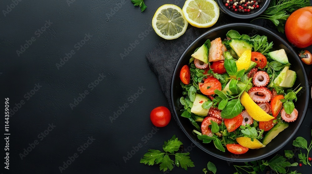 Fresh Vegetable Salad with Octopus, Lemon, and Cherry Tomatoes on Dark Background Fresh Vegetable Salad with Octopus, Lemon, and Cherry Tomatoes on Dark Background