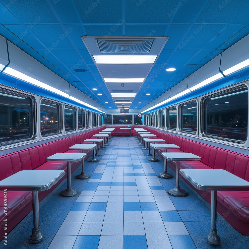 Fototapeta premium Midnight Diner Setting with Rows of Booths Ready for Late-Night Meals