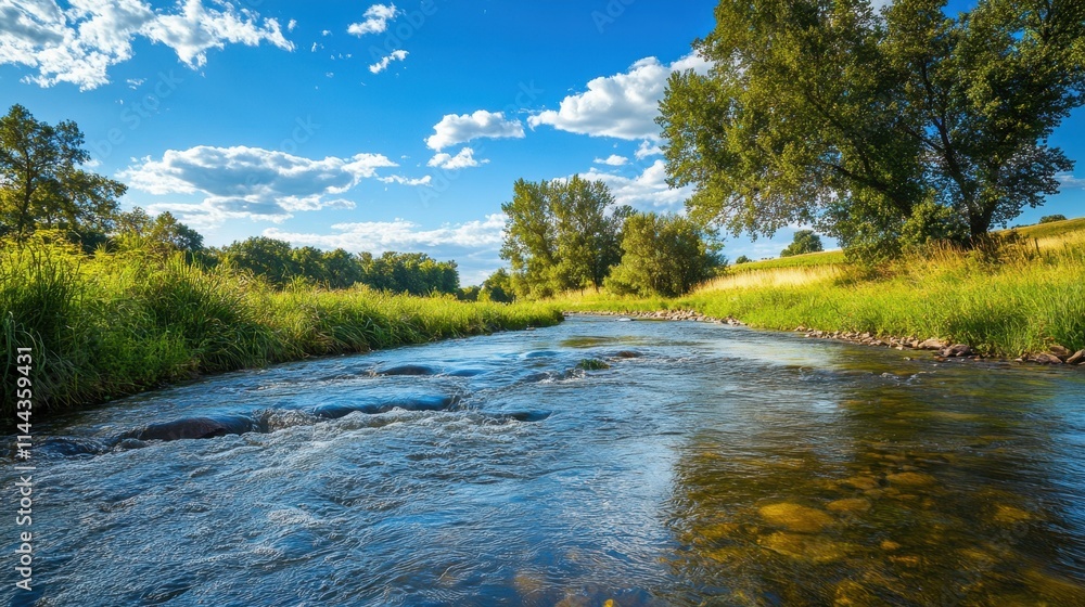 A river with a clear blue sky above it. The water is calm and the grass is green
A river with a clear blue sky above it. The water is calm and the grass is green
