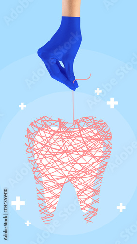 Poster. Contemporary art collage. Blue-gloved hand wrapping tooth with thread, illustrating dentists' reconstruction and restoration services. Concept of health insurance, dentist, medicine. Ad photo