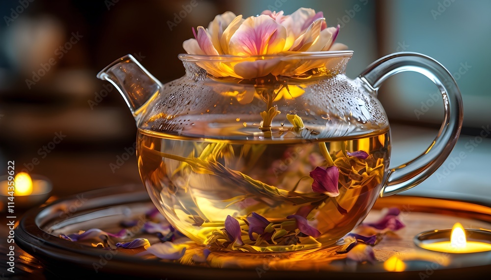 Tea Blossoming in a Glass Teapot, Flowering Tea Ball Opening in Golden Liquid, Relaxing and Luxurious Tea Ritual Scene Tea Blossoming in a Glass Teapot, Flowering Tea Ball Opening in Golden Liquid, Relaxing and Luxurious Tea Ritual Scene