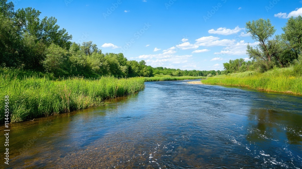 A river with a clear blue sky above it. The water is calm and the grass is green
A river with a clear blue sky above it. The water is calm and the grass is green