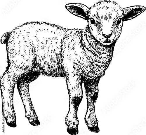A detailed sketch of a cute young lamb, showcasing its playful nature and fluffy wool, perfect for farm-themed illustrations.