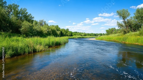 A river with a clear blue sky above it. The water is calm and the grass is green
