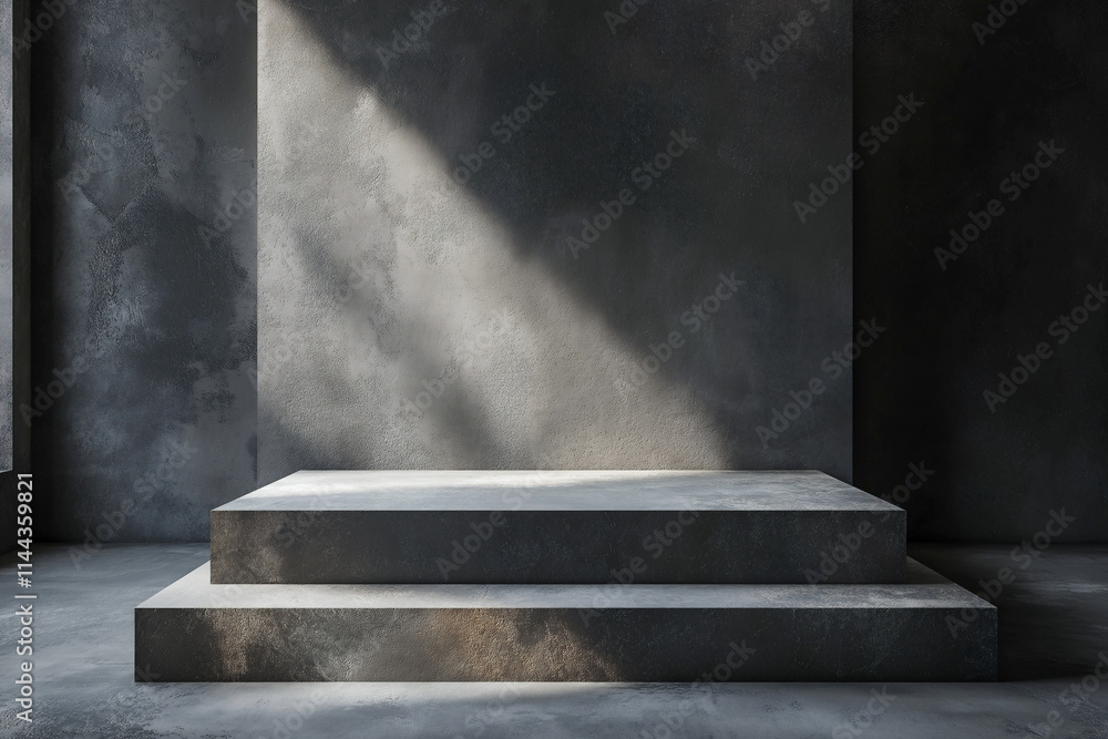 Concrete podium with sharp edges illuminated by soft light in a minimalist space. Generative AI Concrete podium with sharp edges illuminated by soft light in a minimalist space. Generative AI