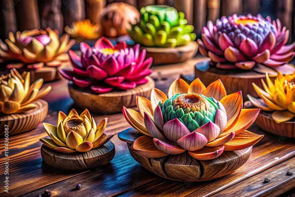 Intricate Wooden Lotus Flower Art: Decorative Wooden Lotus Floral Arrangement Photography Intricate Wooden Lotus Flower Art: Decorative Wooden Lotus Floral Arrangement Photography