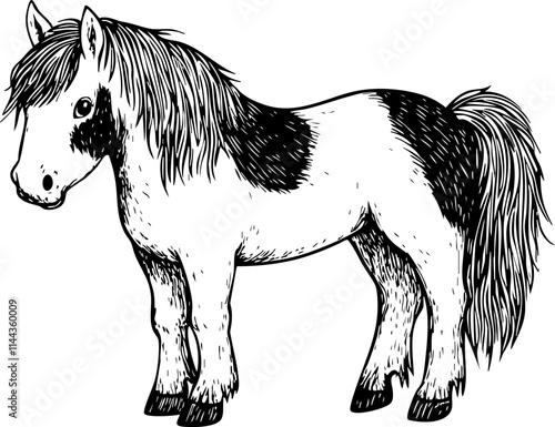 A detailed black and white sketch of a cute pony with a flowing mane, suitable for various artistic purposes.