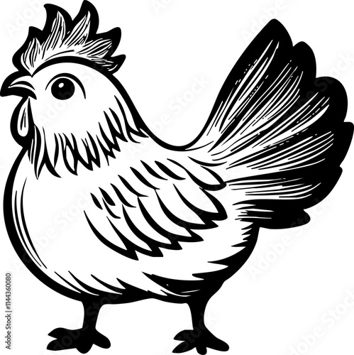 A whimsical illustration of a chicken with detailed feathers, perfect for farm-themed designs or poultry-related content.