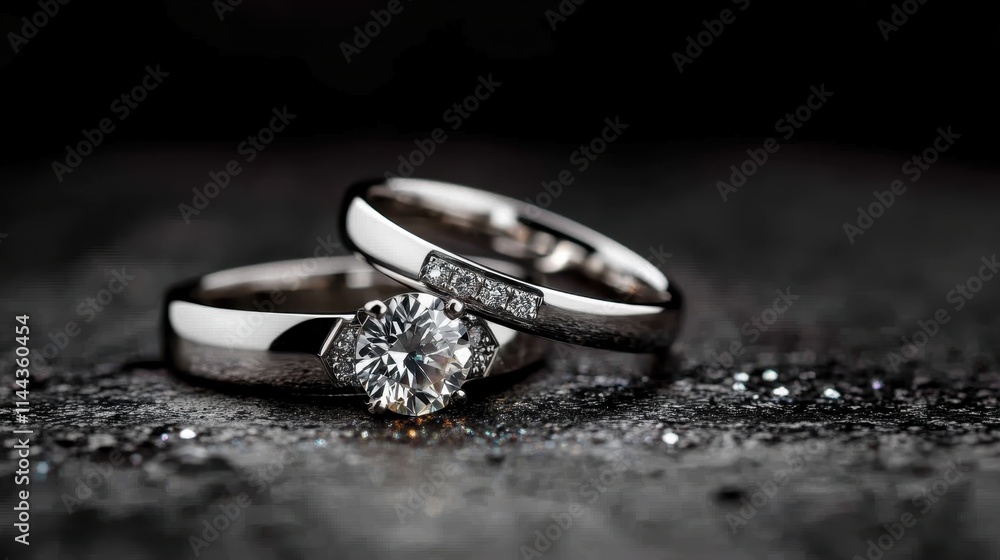 A sophisticated diamond ring set shimmers on a dark background, highlighting its brilliance and luxury, symbolizing eternal love and commitment in a modern style. A sophisticated diamond ring set shimmers on a dark background, highlighting its brilliance and luxury, symbolizing eternal love and commitment in a modern style.