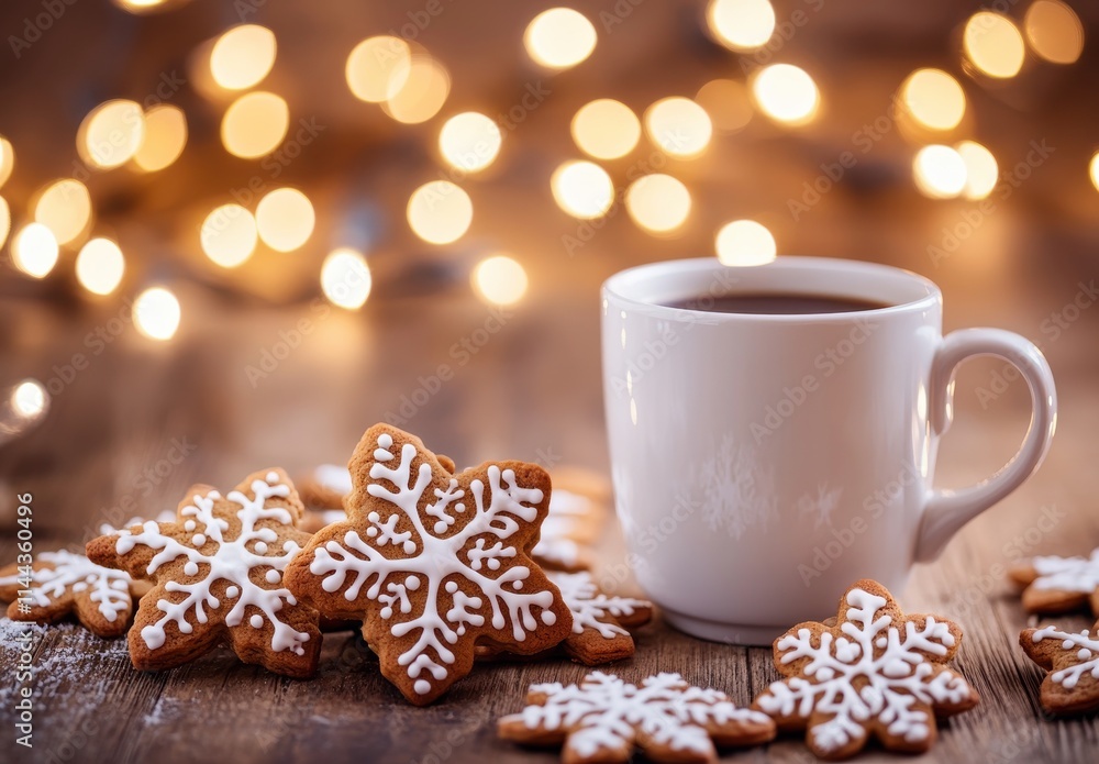 Elegant Snowflake Cookies with Hot Drink Surrounded by Warm Bokeh Lights for Cozy Winter or Holiday Celebration Setting and Atmosphere Elegant Snowflake Cookies with Hot Drink Surrounded by Warm Bokeh Lights for Cozy Winter or Holiday Celebration Setting and Atmosphere