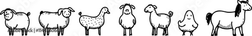 A charming illustration of various farm animals including sheep, goat, cow, chicken, and horse in a doodle style.