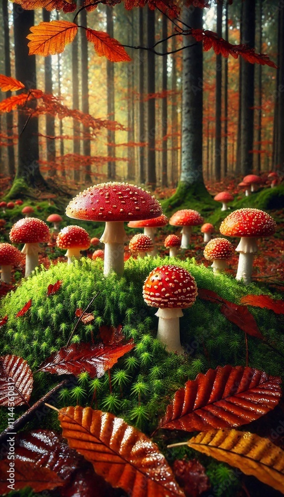 Naklejka premium Vibrant Red Fly Agaric Mushrooms Growing in the Autumn Forest