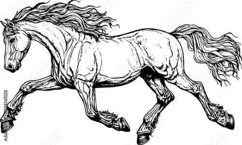 An artistic black and white illustration of a galloping horse in motion, showcasing its strength and beauty.