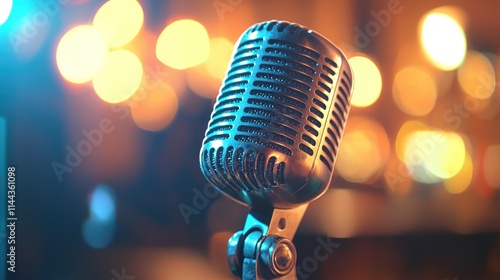 A podcast microphone on a modern desk setup, background blurred for focus. photo