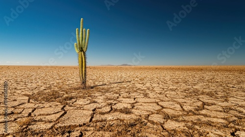 A lonely cactus standing tall in the middle of a dry, barren desert landscape photo