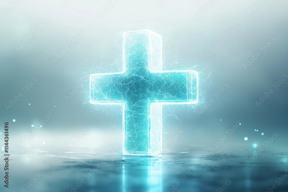 Fototapeta premium Glowing medical cross symbolizing health and wellness in a serene environment