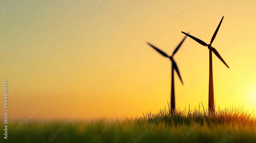 Two wind turbines silhouetted against a vibrant sunset over a grassy field. Two wind turbines silhouetted against a vibrant sunset over a grassy field.