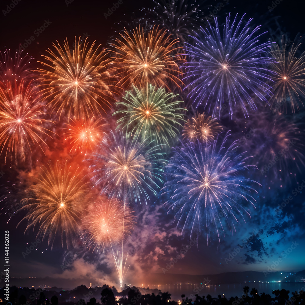 Fototapeta premium A dazzling fireworks show with multi-colored bursts illuminating the dark night sky, ideal for celebrations and festivals. Generative AI