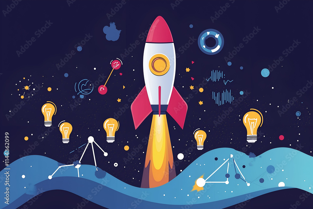 Illustration of a startup concept with a rocket surrounded by graphs and light bulbs, business concept vector illustrations Illustration of a startup concept with a rocket surrounded by graphs and light bulbs, business concept vector illustrations