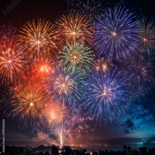 A dazzling fireworks show with multi-colored bursts illuminating the dark night sky, ideal for celebrations and festivals. Generative AI