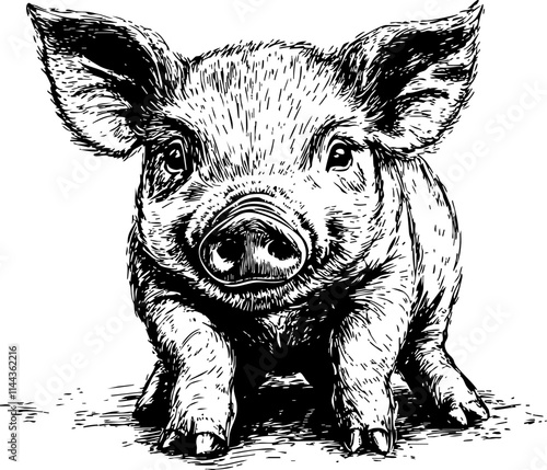 A detailed black and white sketch of a cute pig, showcasing its cheerful expression and playful demeanor.