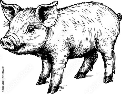 A detailed black and white sketch of a young pig, showcasing its cute features and farmyard charm.