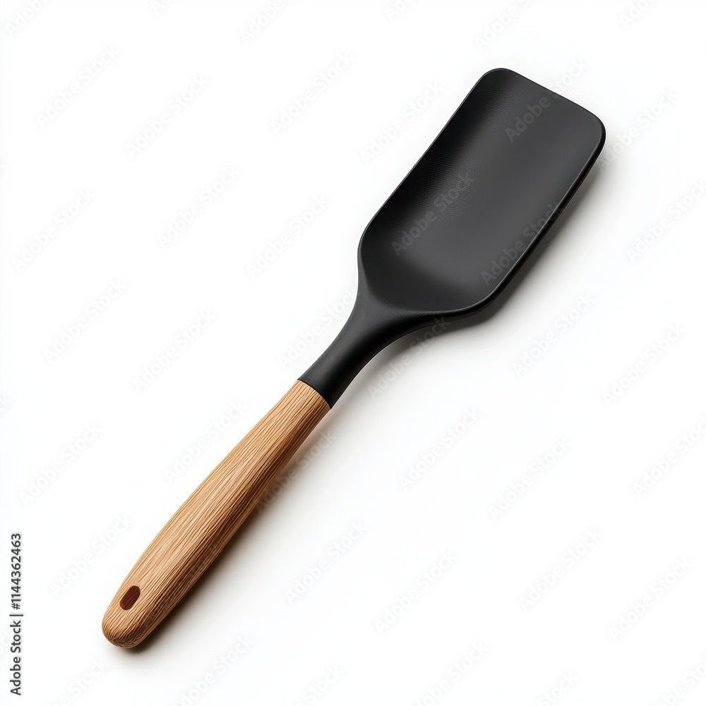 Black cooking spatula with wooden handle, white isolate background. Black cooking spatula with wooden handle, white isolate background.