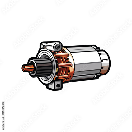 Close-up detailed view of a small, compact starter motor, showcasing its intricate internal components and visible wiring.
