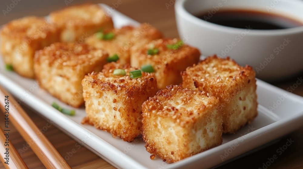 Crispy air-fried tofu cubes resting on a white plate with chopsticks and a dipping sauce bowl in the frame Crispy air-fried tofu cubes resting on a white plate with chopsticks and a dipping sauce bowl in the frame