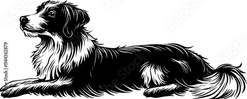 A stylized black and white illustration of a relaxed dog, showcasing its fur and playful demeanor.