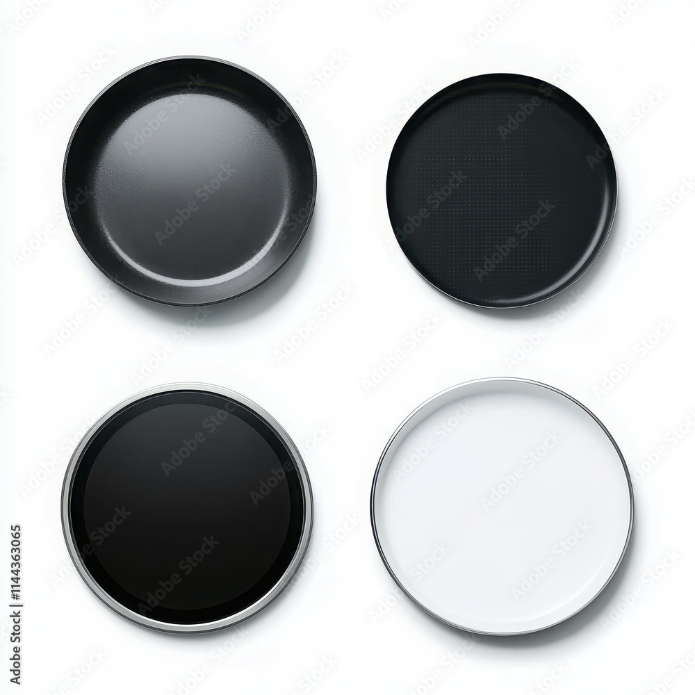 Four circular plates in black and white on a white isolated background. Four circular plates in black and white on a white isolated background.