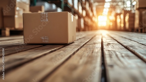 A solitary box is positioned on the wooden flooring of a brightly lit warehouse, guiding the eye towards the vanishing point, showcasing the perspective in logistics. photo