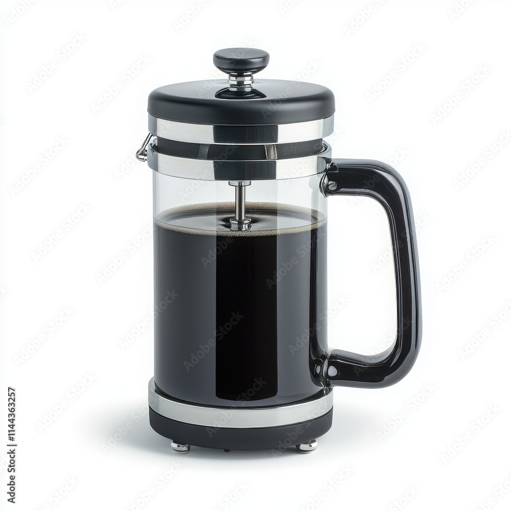 French press coffee maker with brewed coffee, isolated on white background. French press coffee maker with brewed coffee, isolated on white background.