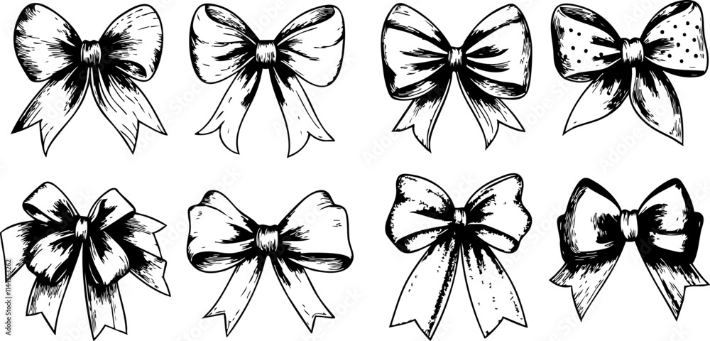 Fototapeta premium A collection of hand-drawn black and white bows, ideal for crafts, gifts, and decorative purposes.