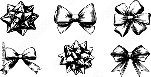 A collection of hand-drawn bows and gift toppers in black and white, perfect for festive decorations and design projects.