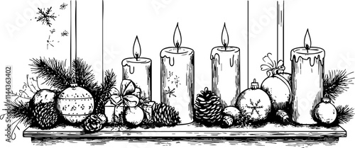 A black and white illustration of festive Christmas candles surrounded by pine, ornaments, and natural decorations, perfect for holiday themes.