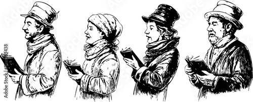 A vintage sketch featuring portraits of men and women in historical clothing, showcasing distinct expressions and accessories.